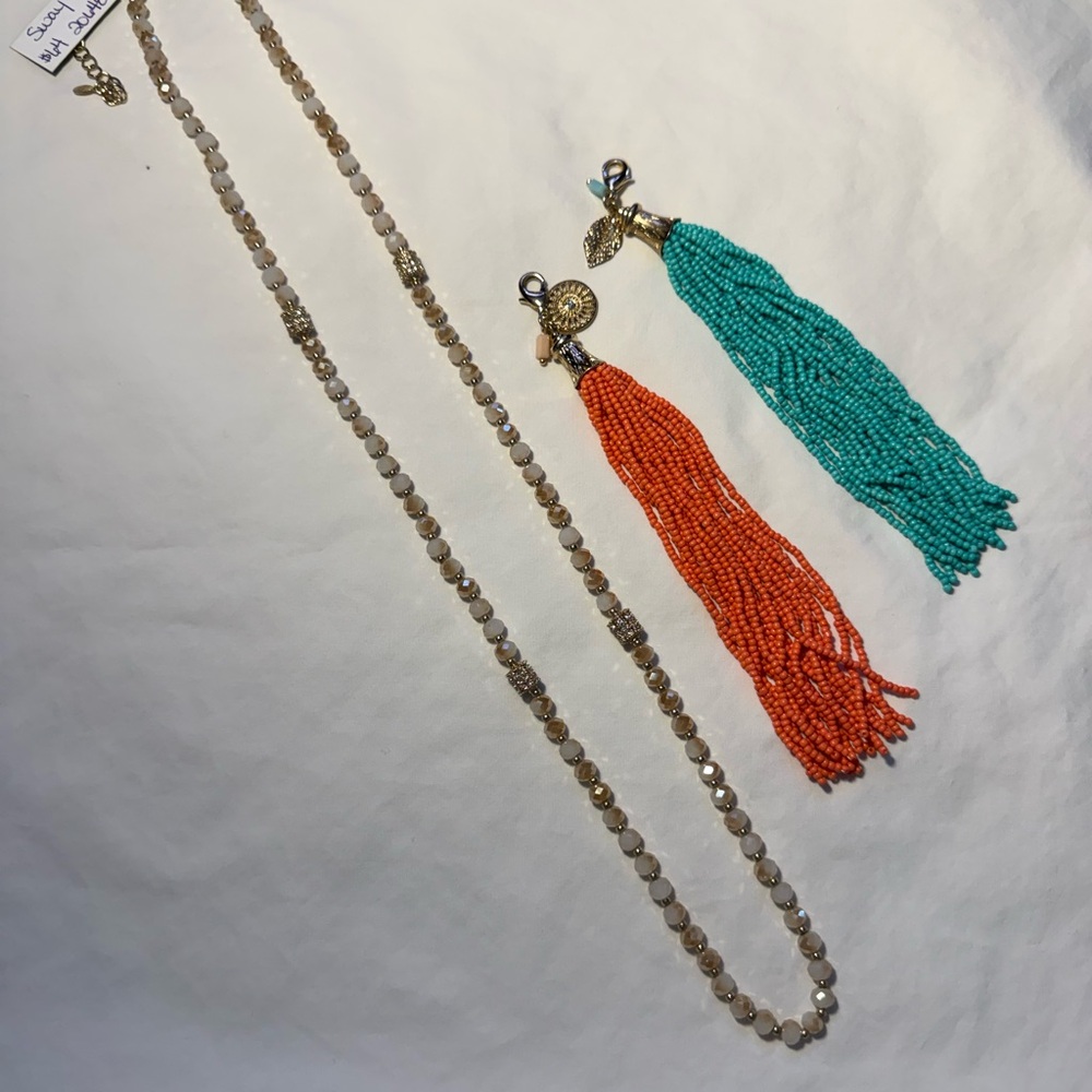 Premier Designs “SwayGold and Cream Beaded Necklace with Orange and Teal Tassels